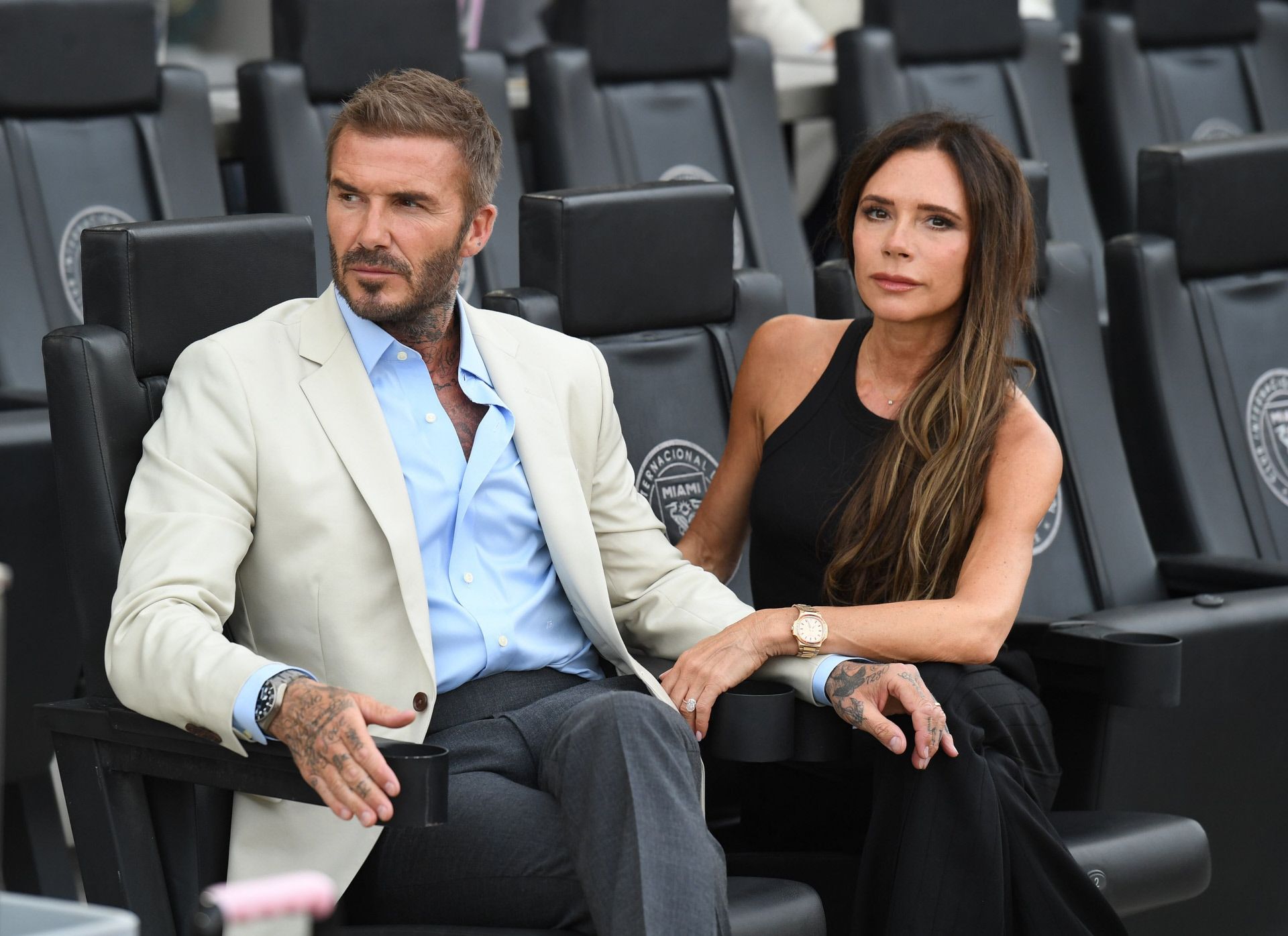 David Beckham y Victoria Beckham en un partido del Inter de Miami
