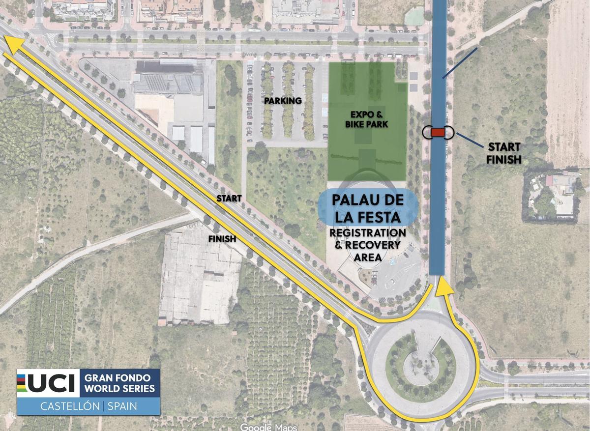 Mapa de la zona de salida, meta y post meta de la The Millars UCI Gran Fondo World Series en la Avenida Chatellerault de Castelló.