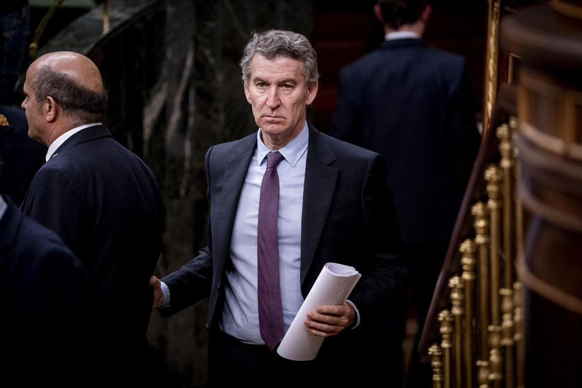 El presidente del Partido Popular, Alberto Núñez Feijóo, a su salida de un pleno en el Congreso.