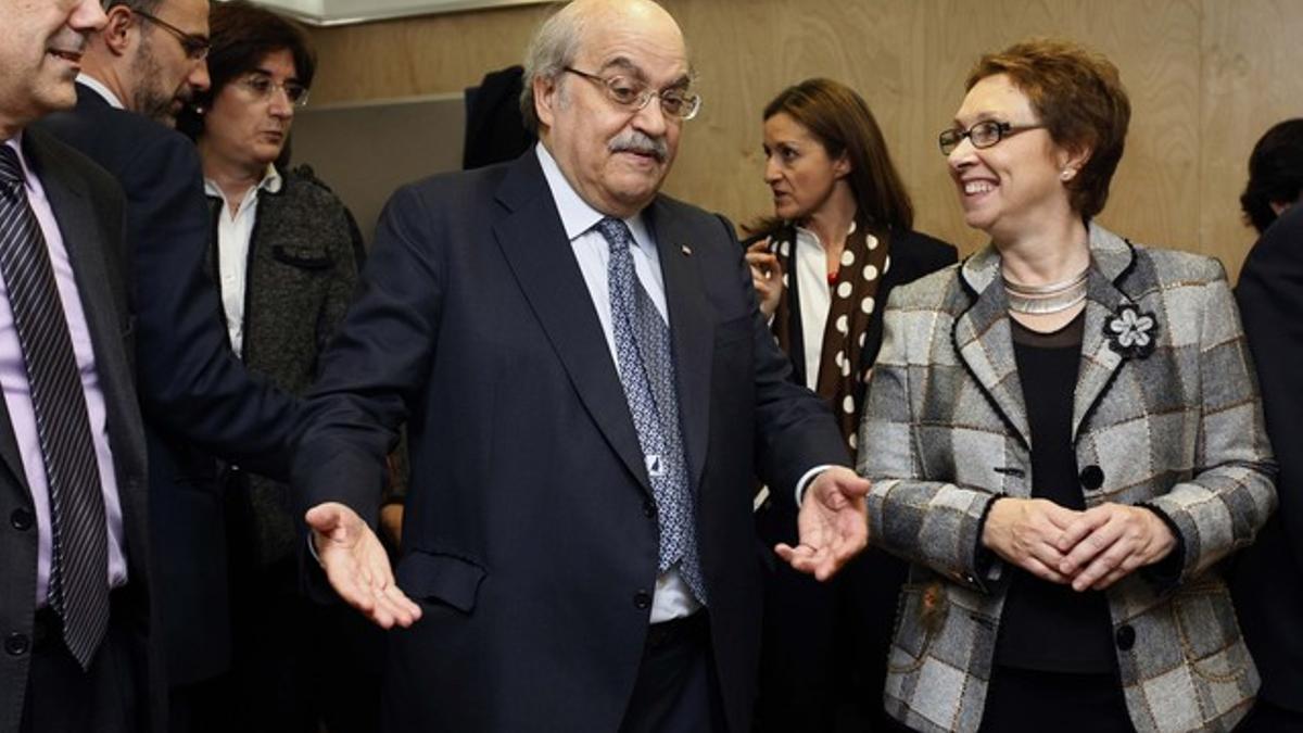 Andreu Mas-Colell, a la salida de la reunión del Consejo de Política Fiscal y Financiera, el martes, en Madrid.