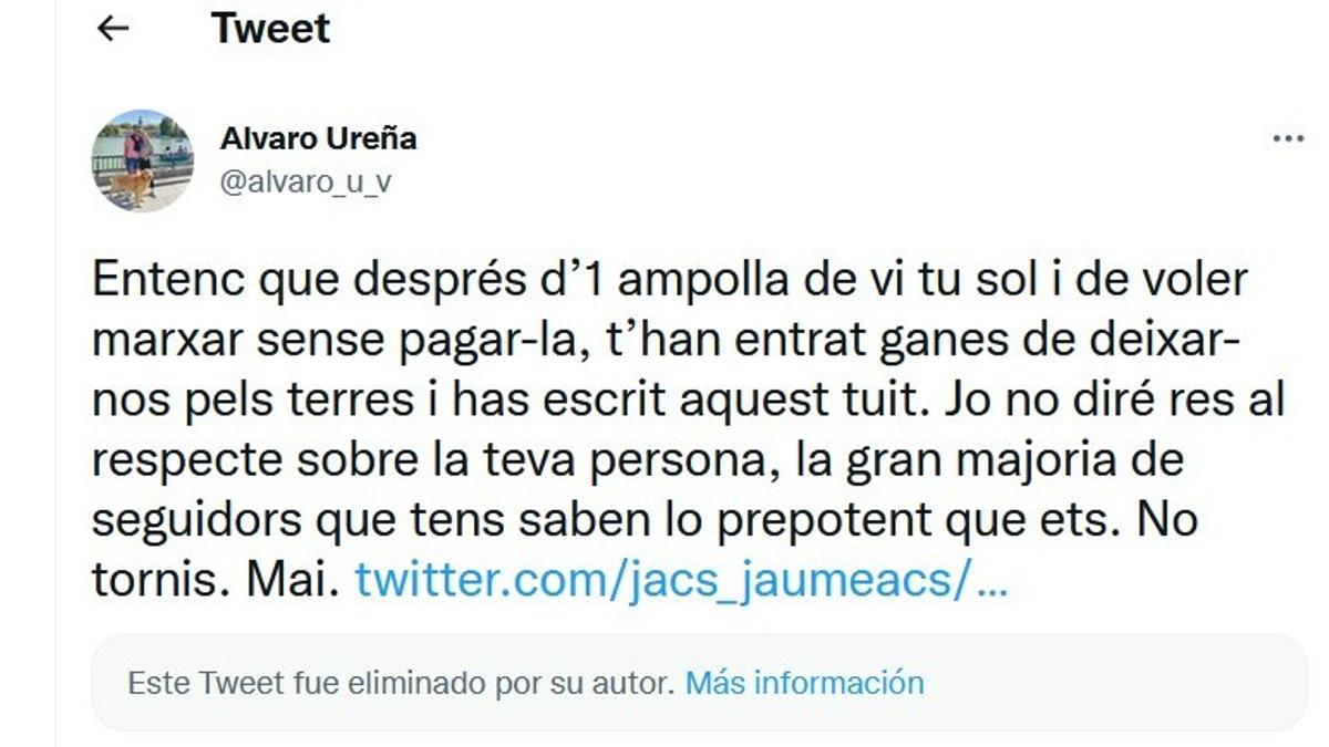 La respuesta de Álvaro Ureña, jefe de sala del restaurante Mimolet, a Jaume Alonso-Cuevillas.