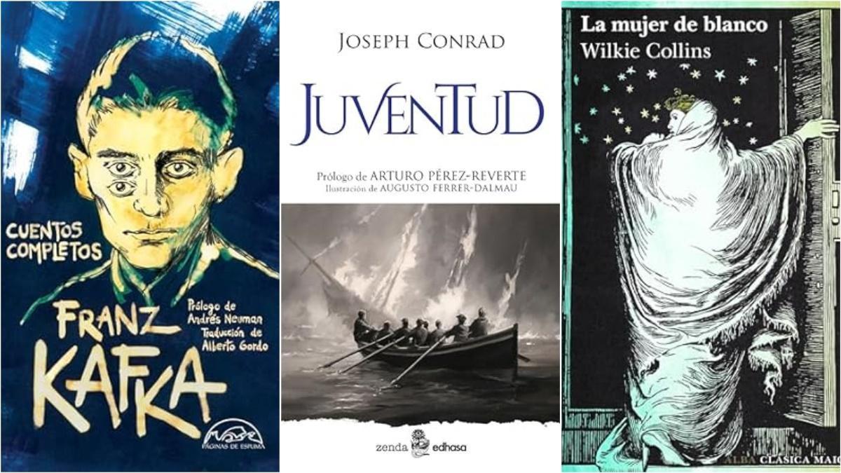 Portadas de 'Cuentos completos' de Franz Kafka, 'Juventud de Joseph Conrad' y 'La mujer de blanco' de Wilkie Collins.