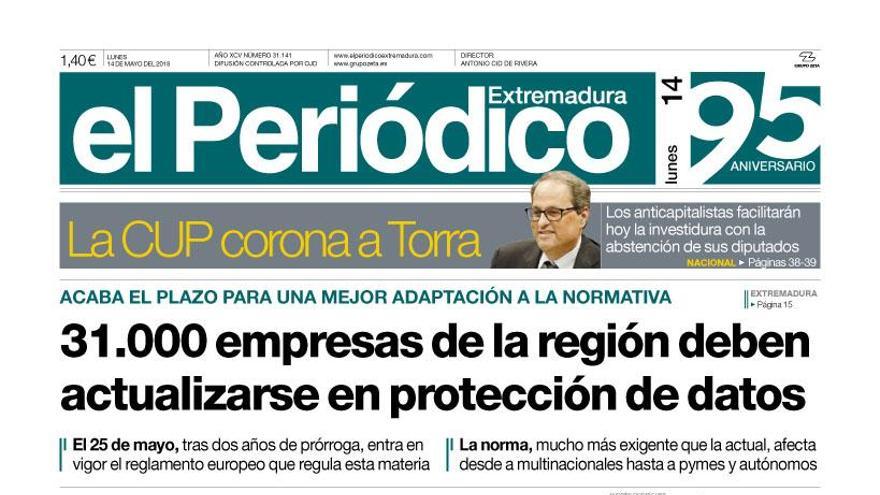 Esta es la portada de EL PERIÓDICO EXTREMADURA correspondiente al día 14 de mayo del 2018