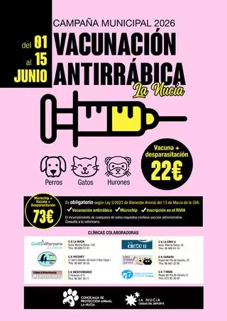La Campaña Vacunación Antirrábica 2026 finaliza el lunes 15 de junio