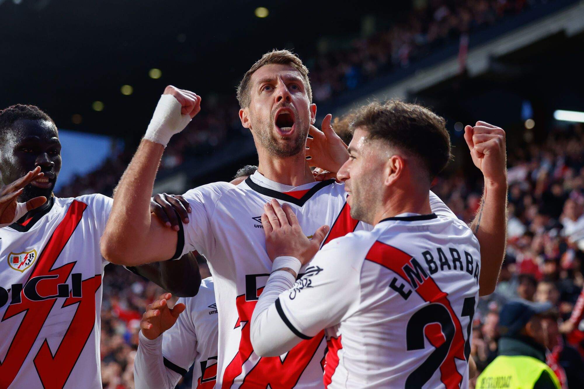 Florian Lejeune of Rayo Vallecano celebrates a goal during the Spanish League, LaLiga EA Sports, football match played between Rayo Vallecano and Getafe CF at Estadio de Vallecas on May 02, 2025, in Madrid, Spain. AFP7 02/05/2025 ONLY FOR USE IN SPAIN. Dennis Agyeman / AFP7 / Europa Press;2025;SPAIN;SPORT;ZSPORT;SOCCER;ZSOCCER;Rayo Vallecano v Getafe CF - LaLiga EA Sports;