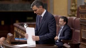 El presidente del Gobierno, Pedro Sánchez, durante su comparecencia en el Congreso este miércoles. 