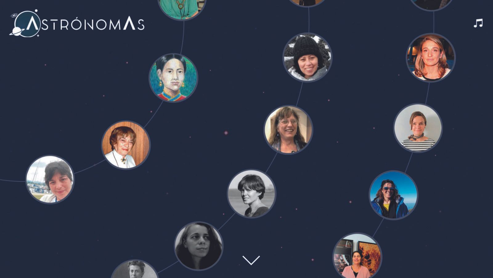 Captura de pantalla de la página de entrada de AstrónomAs. Esta exposición virtual incluye información sobre casi trescientas astrónomas y astrofísicas de todos tiempos cuyo trabajo se distribuye en catorce áreas temáticas, además de cuadernillos didácticos, juegos, cultura y música.