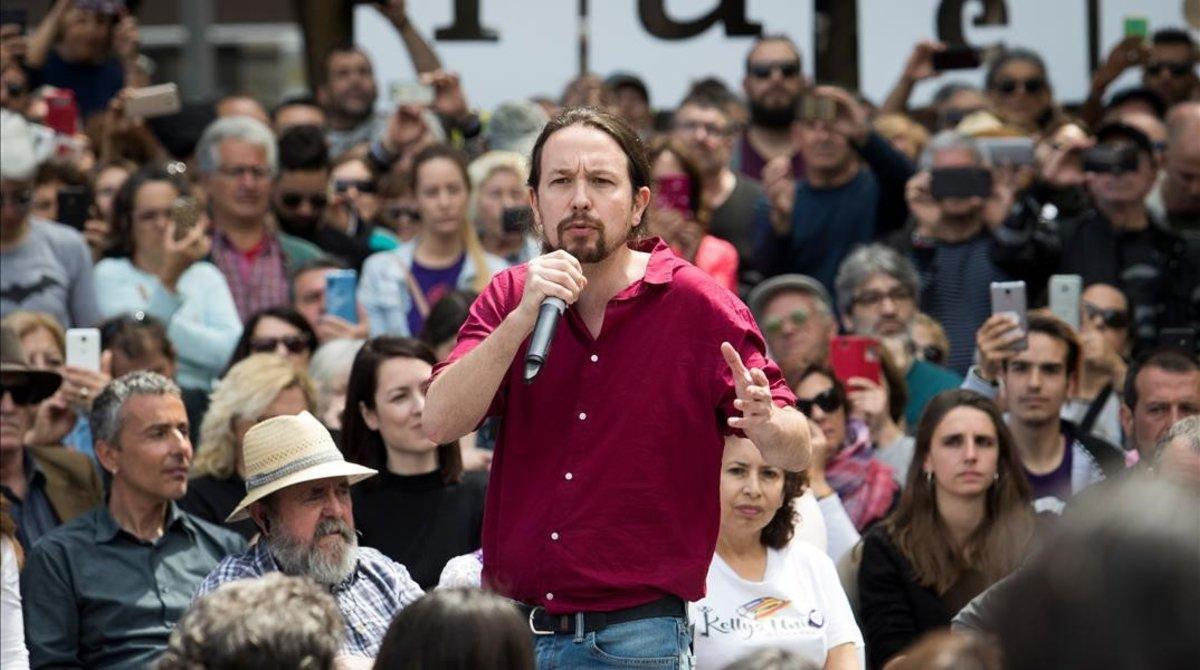El candidato a la presidencia del Gobierno por Unidas Podemos, Pablo Iglesias, en un acto celebrado este lunes en Palma