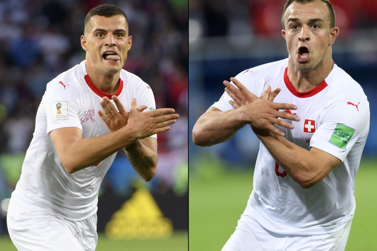 Xhaka y Shaqiri, durante la celebración de sus goles. | reutersLG085 NATI. Kaliningrad (Russian Federation), 22/06/2018.- A combo of two pictures shows the celebration for the first goal of Switzerland's midfielder Granit Xhaka, (L), and the victory goal of Switzerland's midfielder Xherdan Shaqiri, (R), both making the eagle emblem of the Kosovo during the FIFA World Cup 2018 group E preliminary round soccer match between Switzerland and Serbia at the Arena Baltika Stadium, in Kaliningrad, Russia, Friday, June 22, 2018. (RESTRICTIONS APPLY: Editorial Use Only, not used in association with any commercial entity - Images must not be used in any form of alert service or push service of any kind including via mobile alert services, downloads to mobile devices or MMS messaging - Images must appear as still images and must not emulate match action video footage - No alteration is made to, and no text or image is superimposed over, any published image which: (a) intentionally obscures or