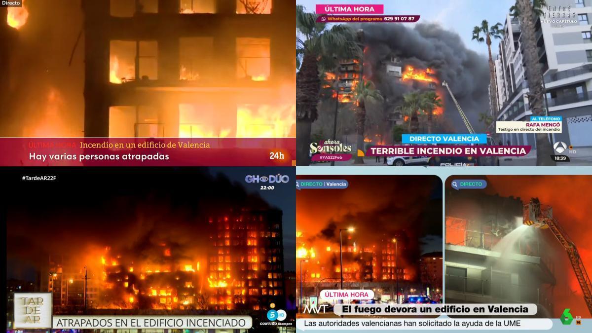 Imágenes de la cadenas informando del incendio del edificio de Valéncia