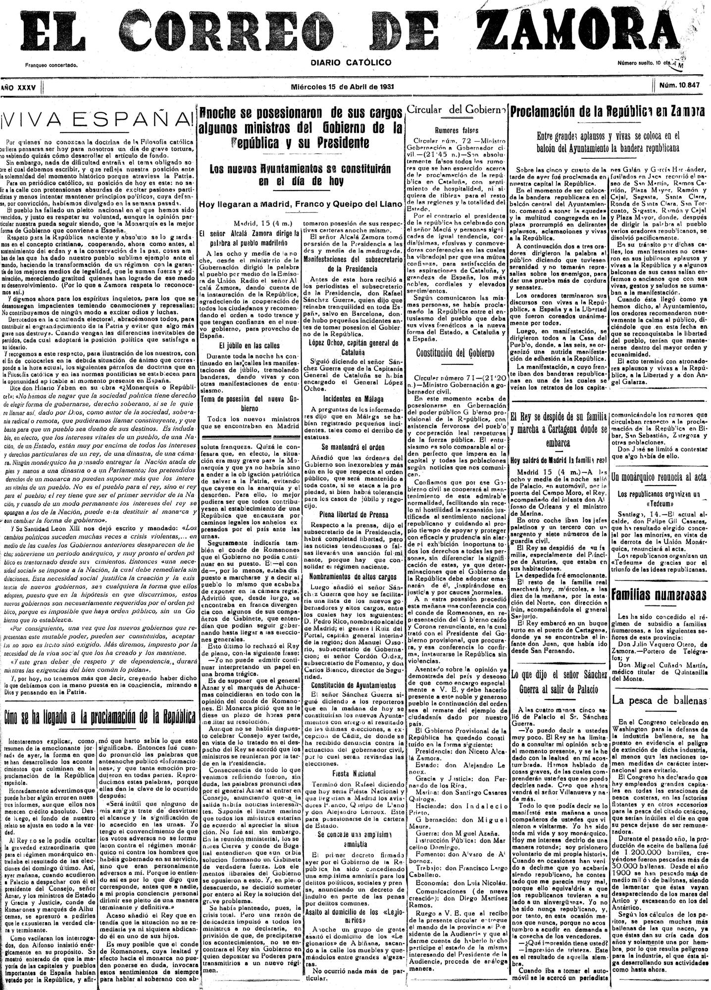 El Correo de Zamora, 15 de abril de 1931. Proclamación de la República