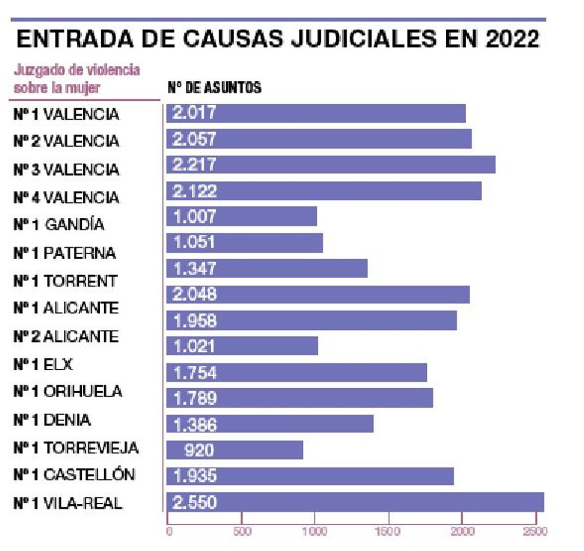 Entrada de causas judiciales en el año 2022 en los juzgados especializados.