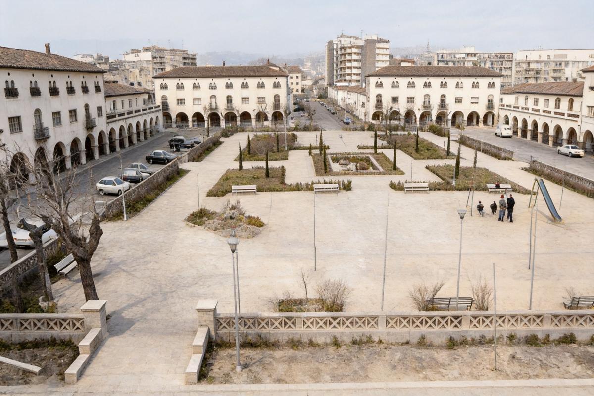 La plaça de l'Assumpció del barri de Sant Narcís, colorejada amb IA