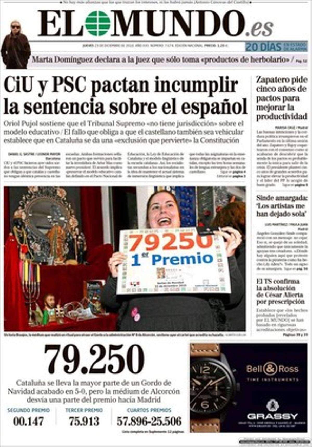 ’El Mundo’ realça a més que el Tribunal Suprem amplia la seva investigació sobre el jutge Baltasar Garzón i reclama els casos que aquest magistrat va portar sobre els bancs que li van pagar; que un sondeig dóna al PP el triomf electoral a Aragó; que el PP proposarà a Catalunya una llei de bilingüisme a les aules, que cessen un conseller de Gramepark que va obtenir un milió d’euros; que un diari noruec -’Afenposten’- aconsegueix accedir a tots els cables de Wikileaks, que un fàrmac frena l’entrada de VIH a les cèl·lules, que la moderació salarial no arriba als consells d’administració de les grans companyies espanyoles, que la Xina surt al rescat de l’eurozona... i que grans multinacionals xineses desembarcaran a Espanya el 2011.