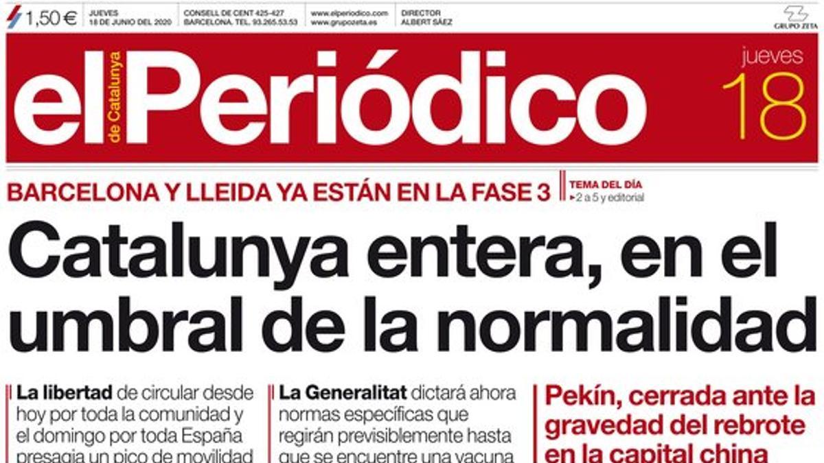 La portada de EL PERIÓDICO del 18 de junio del 2020