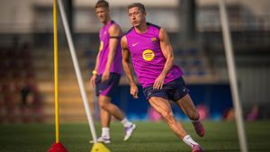 Lewandowski, en el entrenamiento del Barça posterior al triunfo en Mallorca.