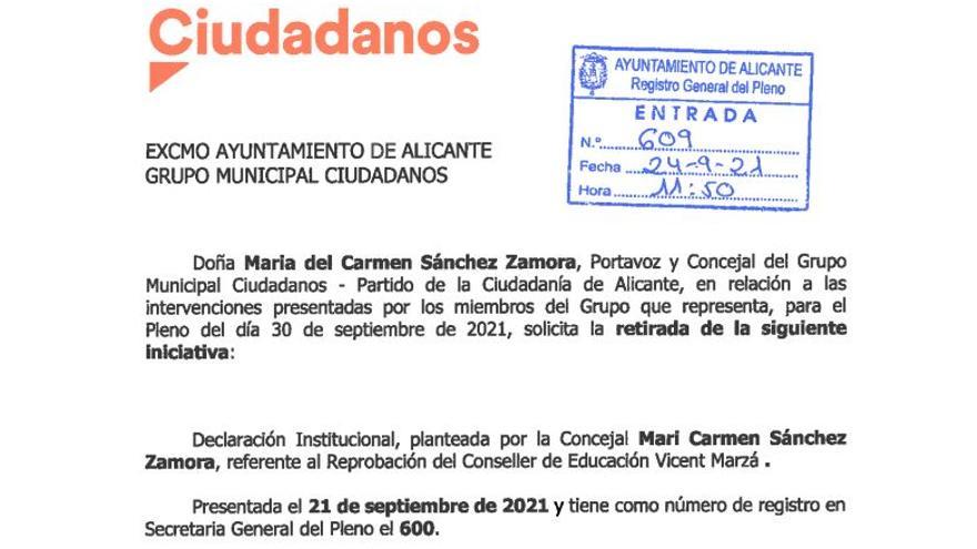 Documento registrado este viernes por parte de Ciudadanos