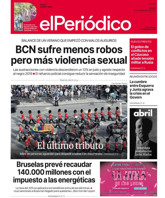 La portada d’EL PERIÓDICO del 15 de setembre del 2022