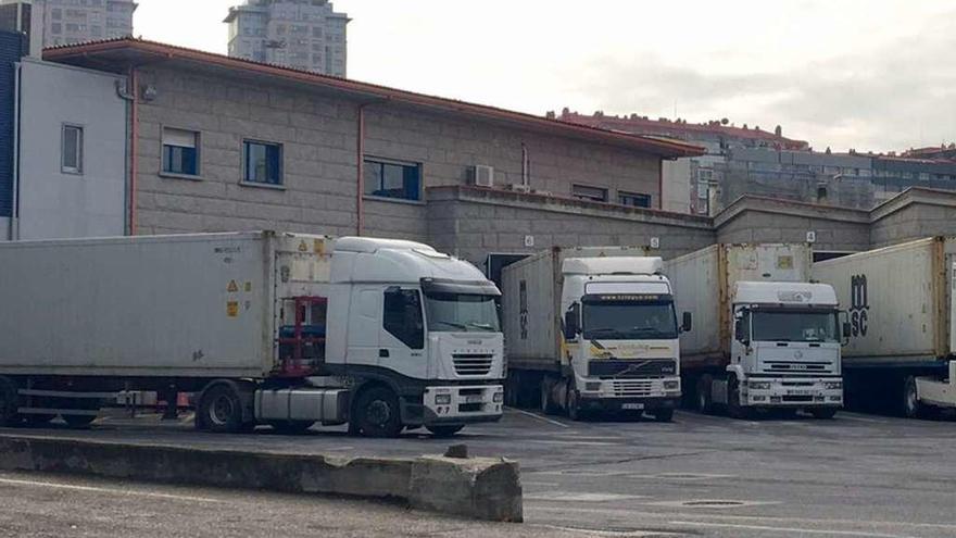 Camiones conectados a las bocas del PIF de Vigo para la inspección de contenedores. // FdeV