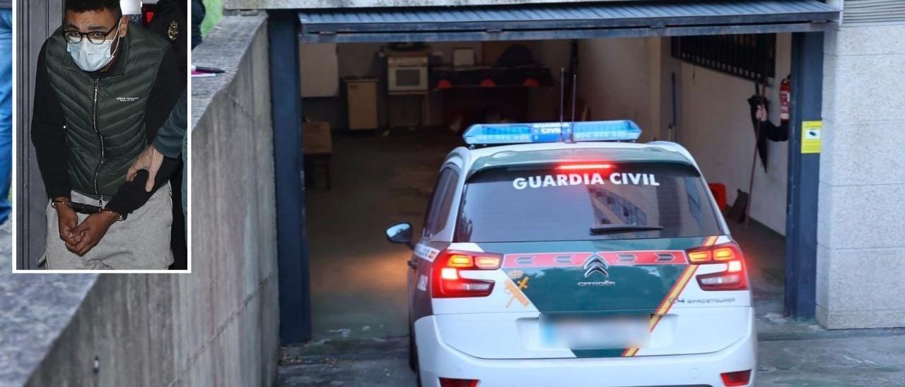 Un coche de la Guardia Civil entra en los jugados de Vigo con el detenido David Macía (en el recuadro)