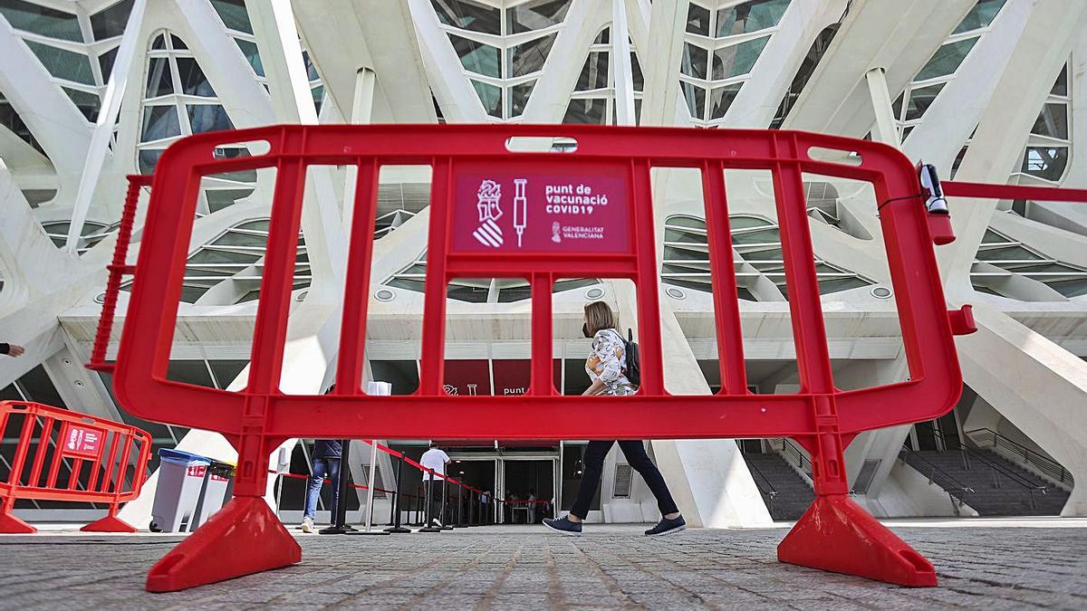 Una de las entradas al vacunódromo del Museo Príncipe Felipe de València, la semana pasada.  | F. CALABUIG