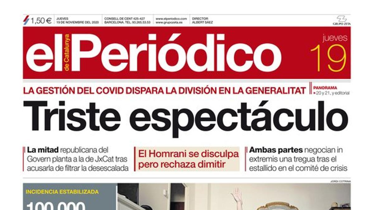 La portada de EL PERIÓDICO del 19 de noviembre del 2020