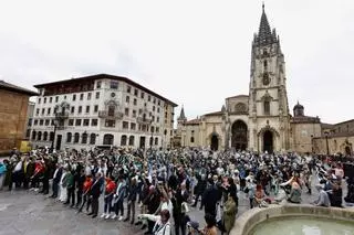 Cientos de brazos al aire junto a la Catedral de Oviedo para que la sidra sea patrimonio de la humanidad