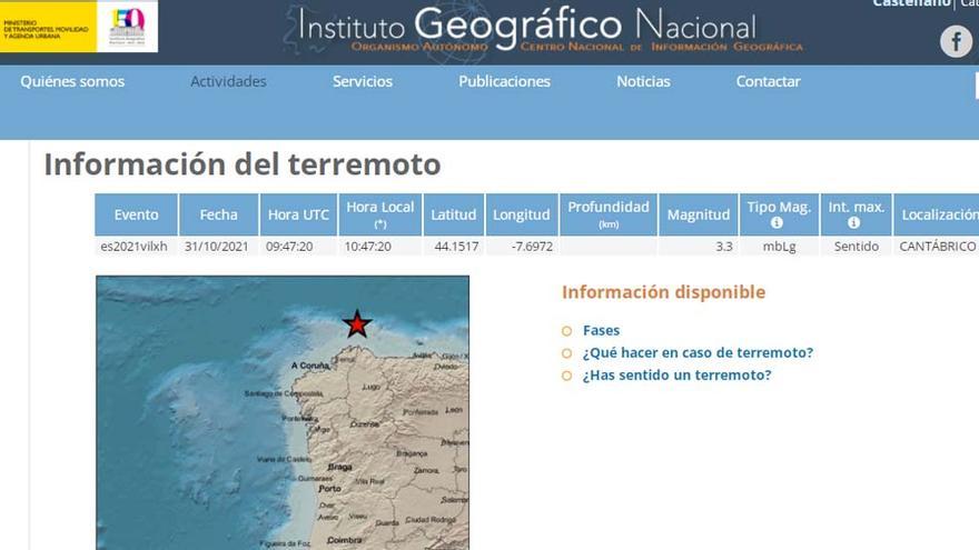 Captura con los datos del registro del seísmo detectado hoy en el Mar Cantábrico, en la web del IGN.