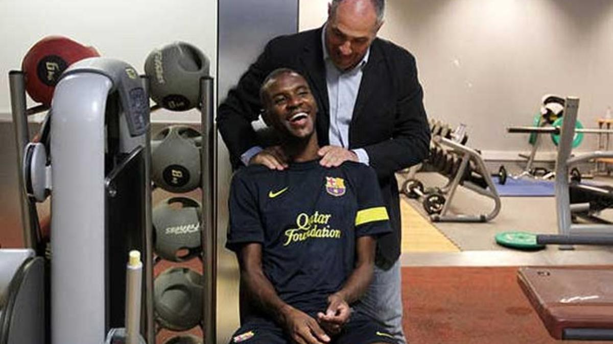 Abidal y Zubizarreta, en el gimnasio de la Ciudad Deportiva, este martes.