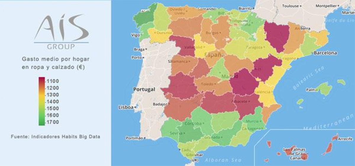 Mapa que representa el gasto medio por hogar en moda