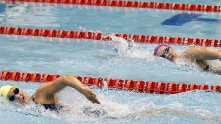 Melani Costa intenta alcanzar a Mireia Belmonte durante la final de los 800 metros del Nacional de Invierno, ayer en Gijón.