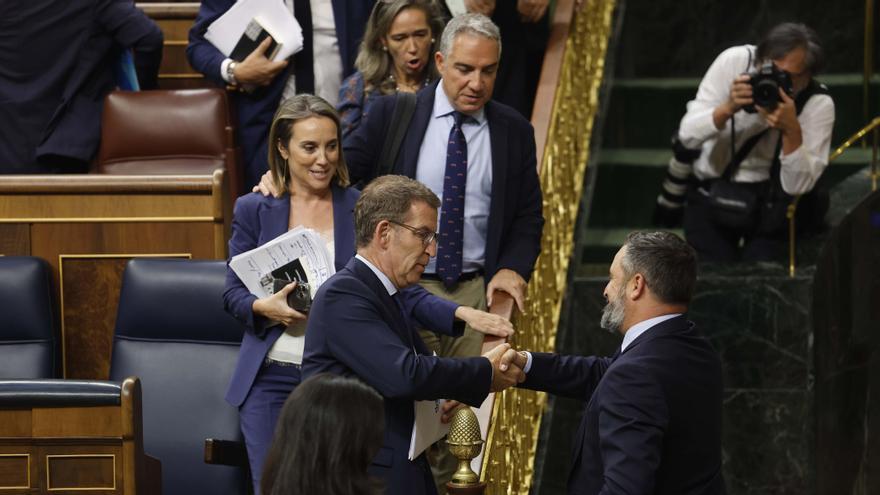 Alberto Núñez Feijóo y Santiago Abascal se saludan en el Congreso de los Diputados.