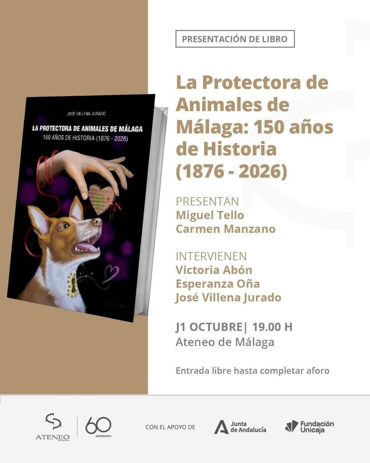 Cartel de presentación del libro benéfico sobre la Protectora, en el Ateneo de Málaga.