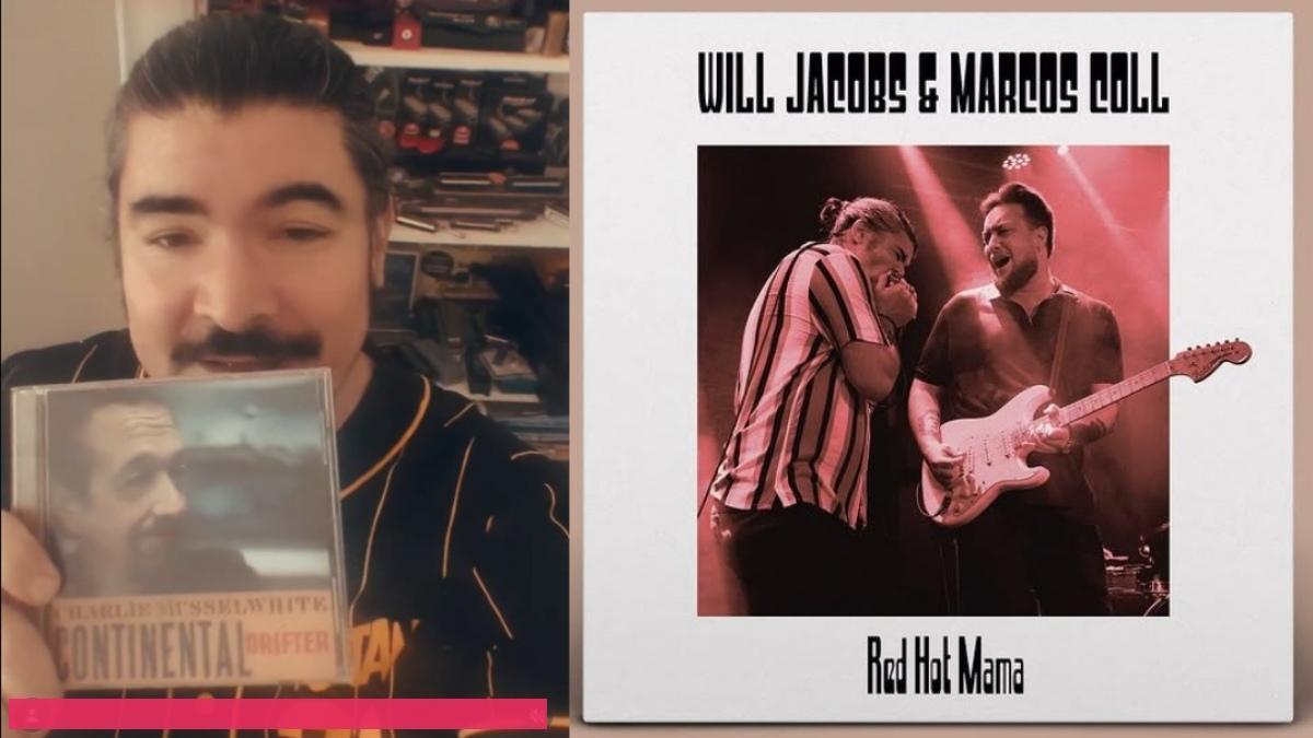 Marcos Coll con un disco de Charlie Musselwhite. Al lado, single de Coll con Will Jacobs.