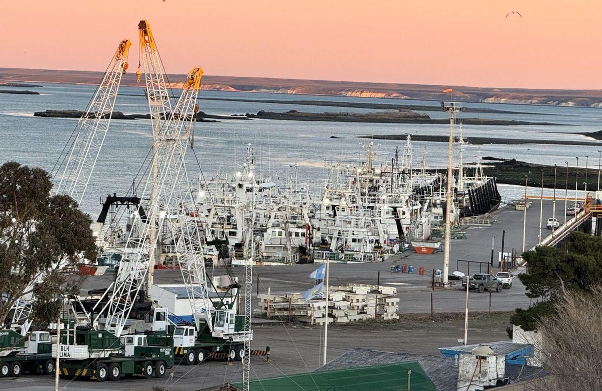 Flota tangonera, con dos poteros al frente, amarrada este martes en Puerto Deseado. |  Cedida