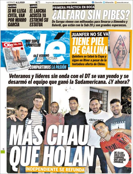 Portada OLÉ viernes 4 de enero de 2018