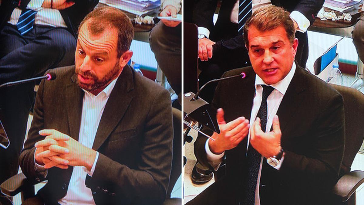 Los expresidentes azulgranas Sandro Rosell y Joan Laporta, durante su declaración como testigos en el juicio contra el Barça por la explotación publicitaria de la fachada de La Masia