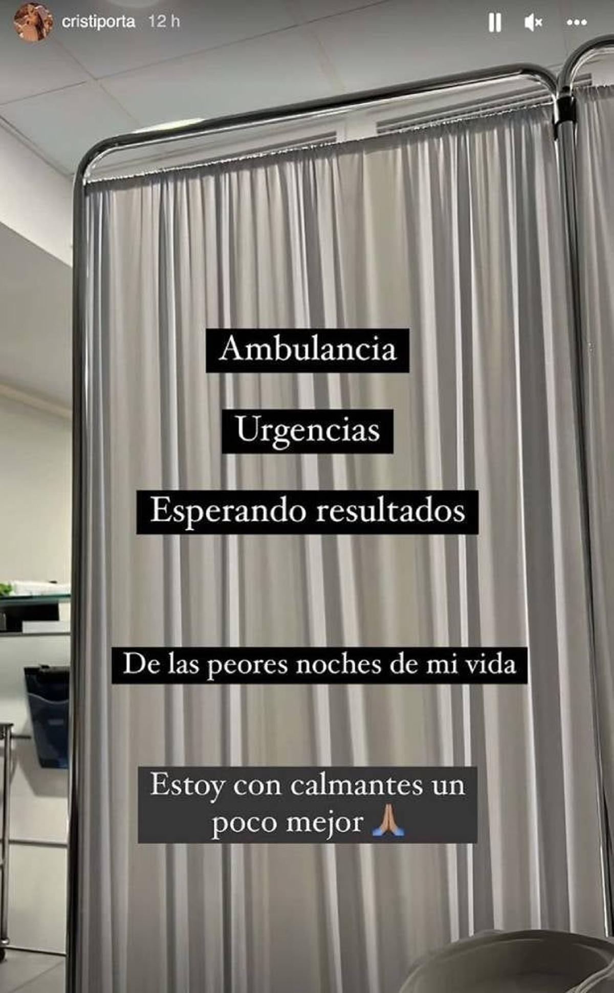 Un Instagram Stories de Cristina Porta, en las urgencias de un hospital