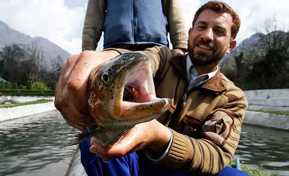 Un treballador mostra una truita a la granja governamental de Dachigam, als afores de Srinagar (Índia).