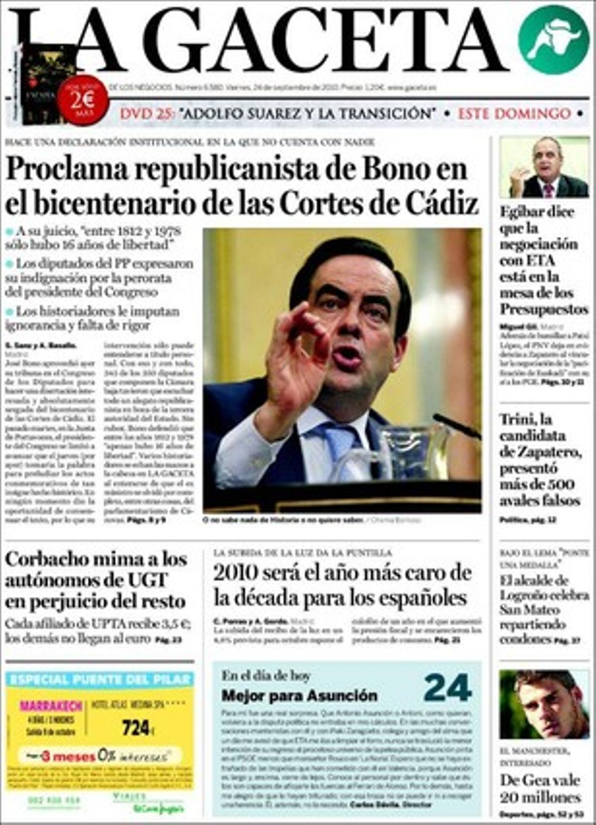 ’La Gaceta’ destaca en pàgines interiors que els auditors d’Ernst & Young sospiten que encara queden comptes pendents de Barcelona 92 via els números del Holding Olímpic SA (Holsa,) que el Ministeri de Sanitat destina diner públic a donar lubricants per als gais per les festes de Sant Mateu de Logroño i que el vent podria haver ajudat Moisès a separar les aigües del mar Roig, segons explica un estudi presentat pel Centre Nacional de d’Investigació Atmosfèrica dels EUA i publicat per la revista ’PLos ONE’.