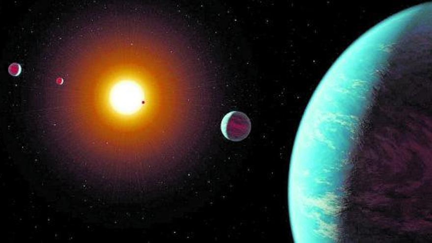 Representación artística de un sistema de cinco exoplanetas. | | NASA/JPL-CALTECH