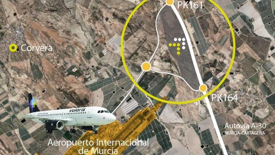 El futuro Parque Logístico estará junto a la autovía A-30, entre Murcia y Cartagena, a sólo tres kilómetros del aeropuerto de Corvera.