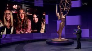 IMAGE DISTRIBUTED FOR THE TELEVISION ACADEMY - Jimmy Kimmel, right, speaks with Lisa Kudrow, Jennifer Aniston and Courteney Cox during the 72nd Emmy Awards telecast on Sunday, Sept. 20, 2020 at 8:00 PM EDT/5:00 PM PDT on ABC. (Invision for the Television Academy/AP)