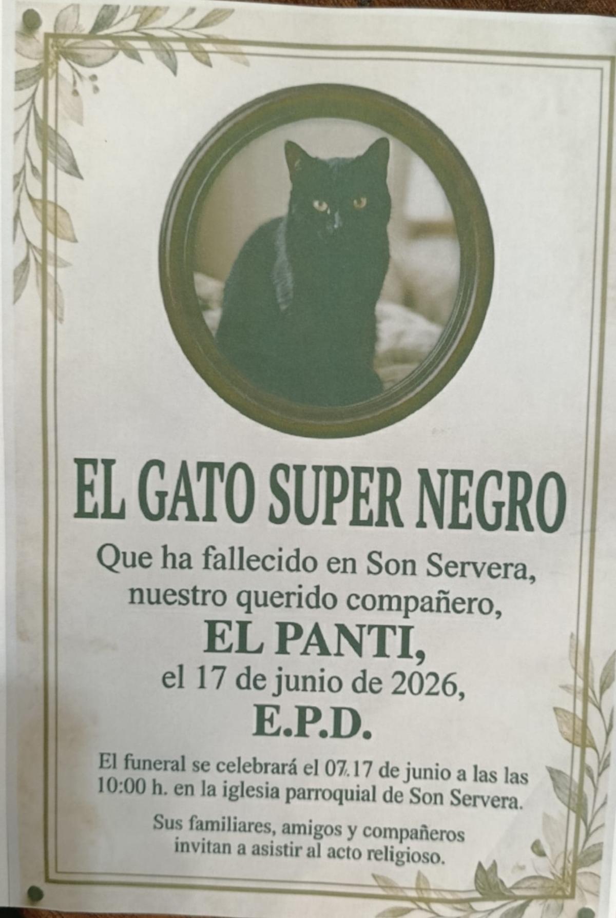 Una de las esquelas que circulaba en Son Servera del gato Panti.