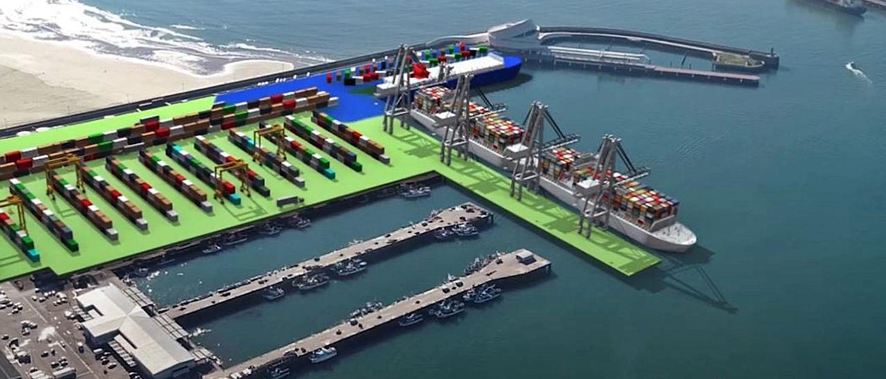 Recreación de la nueva terminal de contenedores de Leixões, con el muelle de gran calado con grúas Post-Panamax