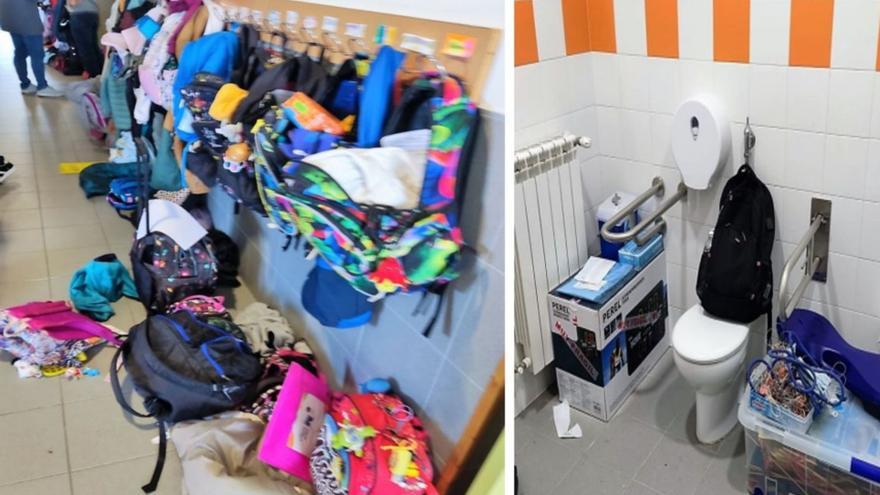 Ropa y mochilas en pasillos y un baño que se usa de almacén. | // L.O.