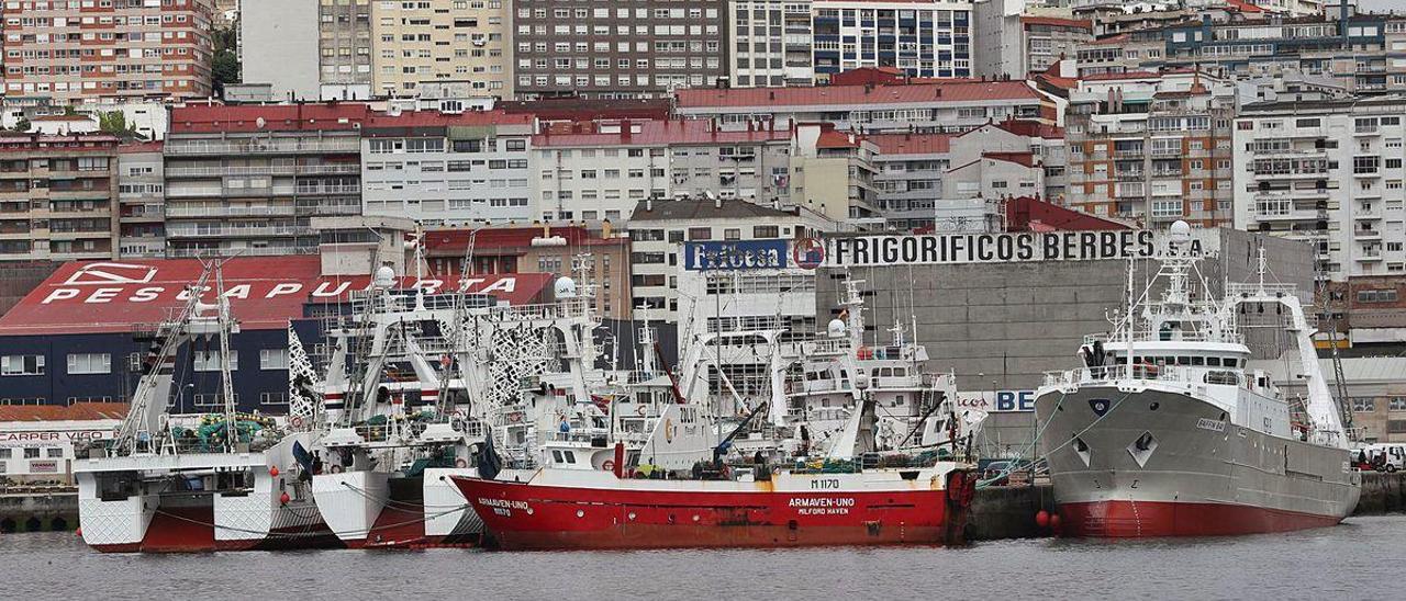 Parte de la flota de grandes arrastreros de Malvinas amarrados ayer en la zona de Beiramar.