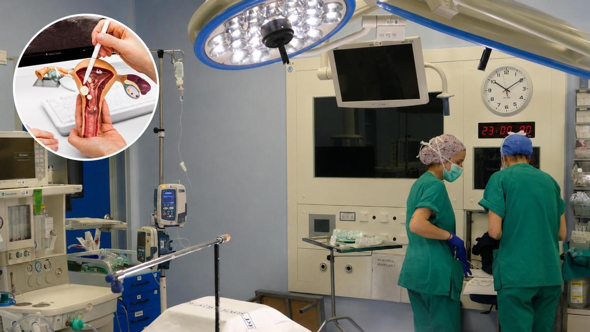 En la imaen grande, un quirófano del hospital San Juan de Dios de Córdoba. En el círculo, una representación del útero femenino.