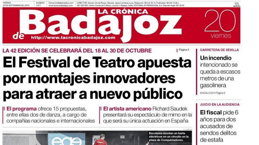 Esta es la portada de LA CRÓNICA DE BADAJOZ correspondiente al día 20 de septiembre del 2019