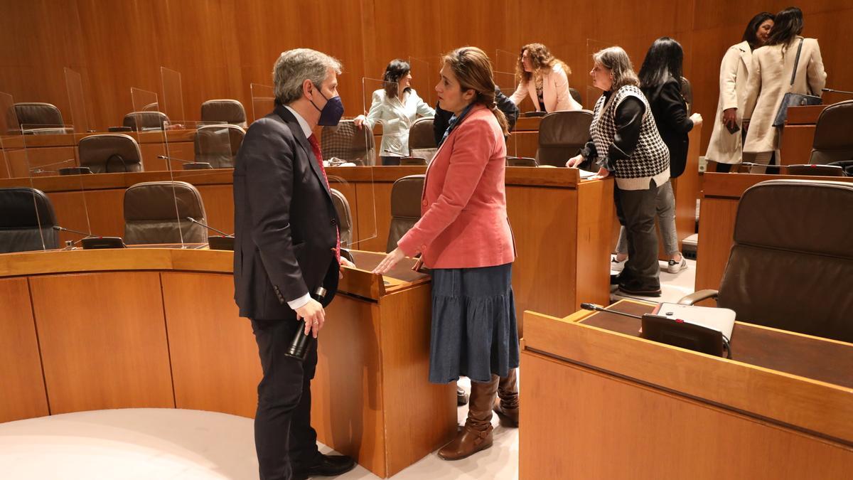 Daniel Pérez conversa con la diputada Susana Gaspar, excoordinadora de Ciudadanos Aragón, en un pleno de las Cortes.